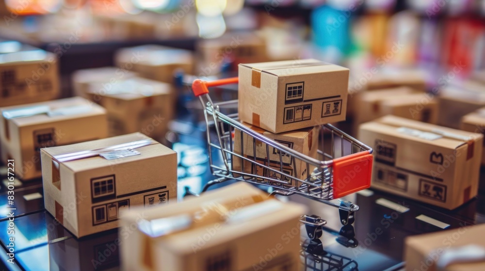 Ecommerce concept with product boxes.
Ecommerce concept with product boxes.