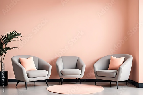 Peach fuzz trend color for 2024 in the premium living room with a painted mockup wall for art in peach pastel apricot warm tones, modern interior lounge design, accent premium gray chairs, 3D render   © Five Million Stocks