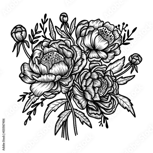 Composition sketch drawing of different peonies on a white background. Bouquet color illustration vector vintage or retro