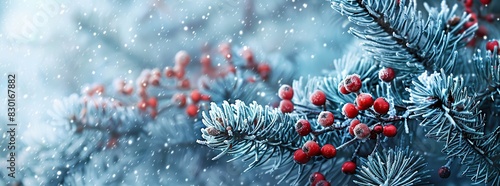 A frozen background with pine branches and red berries, creating an icy winter wonderland photo