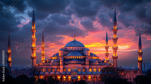 enchanting image of Blue Mosque illuminated against night sky Istanbul Turkey iconic dome minaret glowing darkness masterpiece of Ottoman architecture symbol of Islamic art culture welcoming visitor g photo
