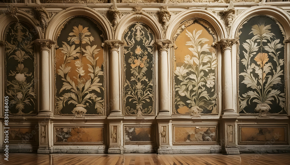 an old wall with classic wallpaper, emphasizing the intricate designs and faded elegance of historical decor an old wall with classic wallpaper, emphasizing the intricate designs and faded elegance of historical decor