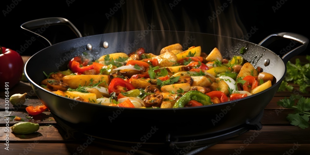 Vegetables sizzling in a pan with motion blur on white background. Concept Food Photography, Motion Blur, Culinary Art, Kitchen Scene, Cooking Ingredients Vegetables sizzling in a pan with motion blur on white background. Concept Food Photography, Motion Blur, Culinary Art, Kitchen Scene, Cooking Ingredients