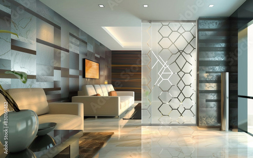 Sleek modern glass door with frosted geometric patterns, seamlessly blending into a minimalist living room. The light filtering through creates a serene and elegant ambiance.