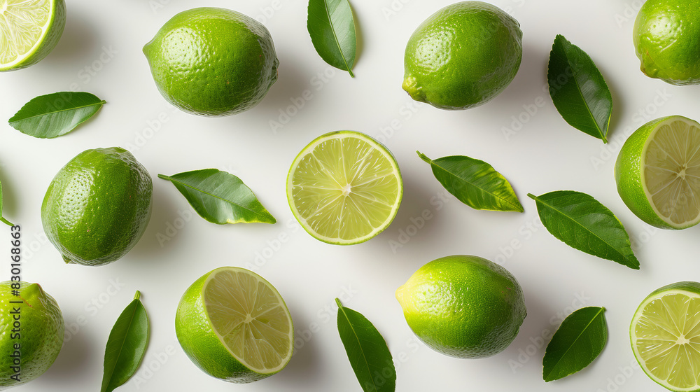Limes with lime leaves laid out, top view, white background Limes with lime leaves laid out, top view, white background