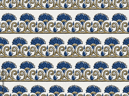 INDIGO SPRIG FLORAL WITH SEAMLESS BORDER AJRAKH PATTERN AND BLOCK PRINT PATTERN BATIK PRINT BACKGROUND DIGITAL PRINTING TEXTILE PATTERN