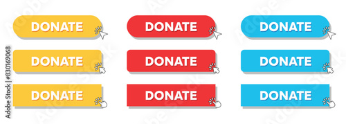 Simple Donate Web Button Set with hand pointer or arrow pointer modern minimal style vector
