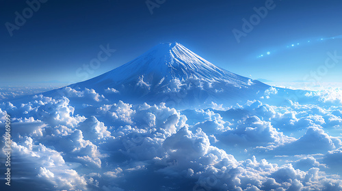 iconic image of Mount Fuji Japan's tallest peak rising majestically above sea of cloud against clear blue sky mountain's symmetrical cone snowcapped summit symbolize natural beauty resilience spiritua photo