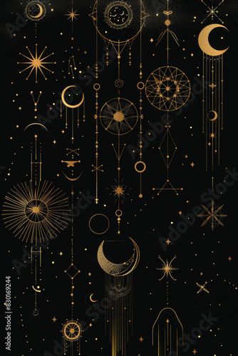 Minimalistic illustration only black and gold colors of celestial, boho style , hipster design objects