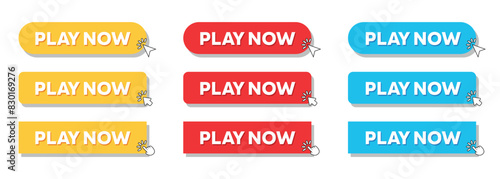 Simple Play Now Web Button Set with hand pointer or arrow pointer modern minimal style vector