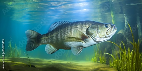 Largemouth Bass Hunting for Prey in Its Underwater Habitat. Concept Fishing, Largemouth Bass, Underwater Habitat, Hunting Behavior, Predator Prey Interaction photo