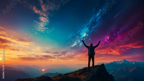 A lone person stands on top of a big mountain with hands towards the sky as to celebrate their achievement