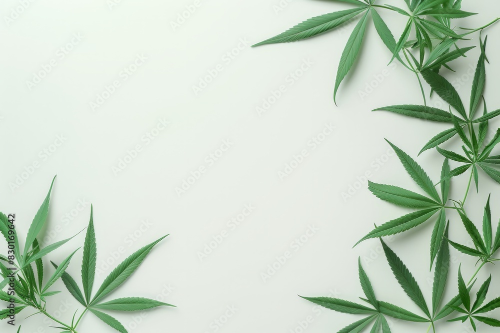 Fototapeta premium White basic background decorated with cannabis leaves with empty space for text. 