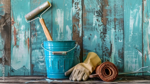 A paint bucket with a roller, glove, and brush.







 photo