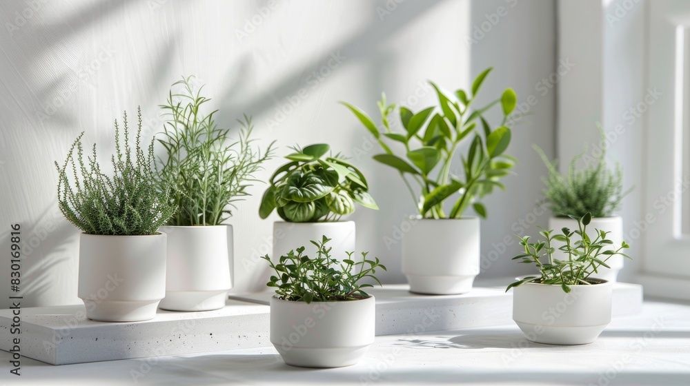 Plants in white pots with a concrete background.
Plants in white pots with a concrete background.