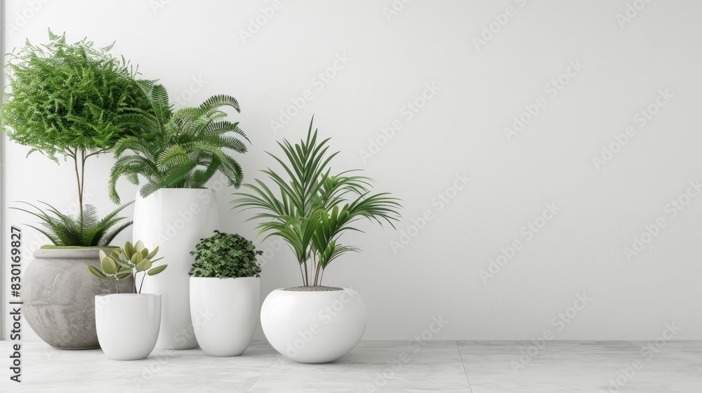 Plants in white pots with a concrete background.

