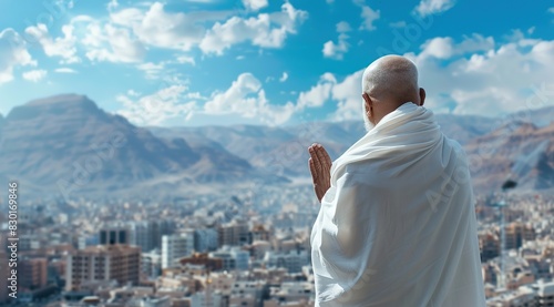 Portrait of a bald man wearing a white religious shirt praying on top of a mountain.