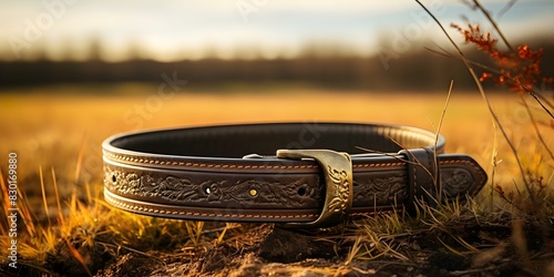 Authentic Western Style Belt with Genuine Leather Buckle featuring Horse Print Design. Concept Western Fashion, Leather Accessories, Horse Inspired, Authentic Design, Belt Buckle photo