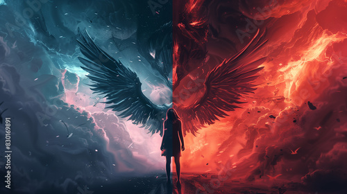  angel and demon with wings in a symmetrical composition, light and dark, fantasy, dramatic, powerful, wide 16:9