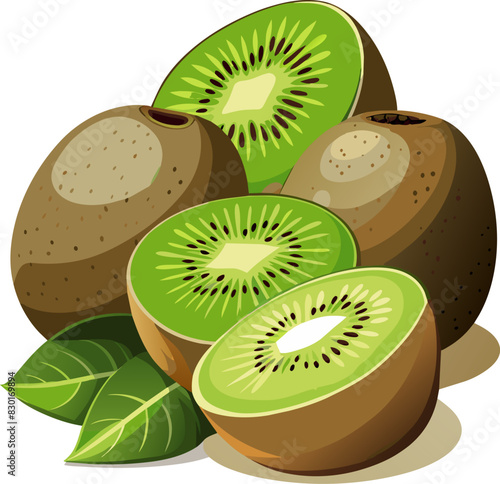 Kiwi Fruits with Leaves, isolated on transparent background.