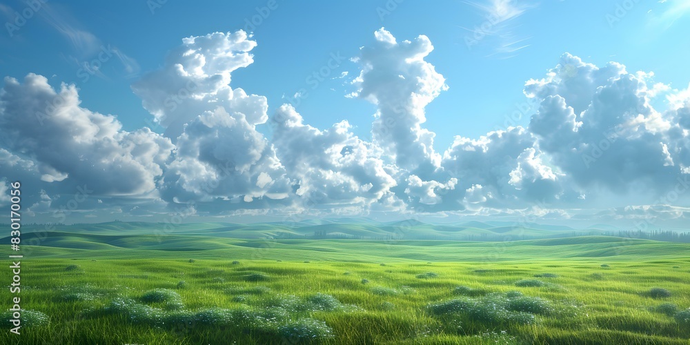 Beautiful green rolling hills landscape under a blue sky with white clouds Beautiful green rolling hills landscape under a blue sky with white clouds