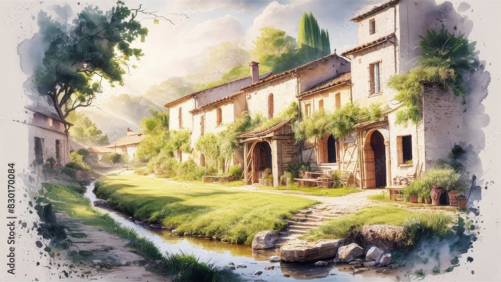A charming village in the heart of Provence with a wooden fence, quaint stone buildings and lush green fields.