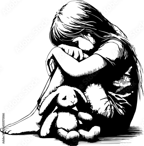 child with a bear, sad girl