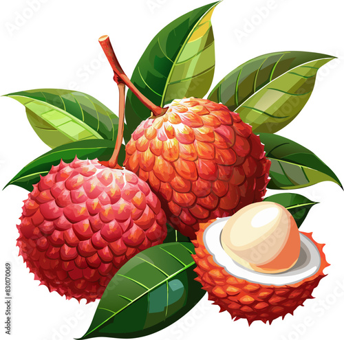 Ripe Lychee Fruits with Leaves, isolated on transparent background.