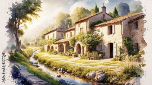 A charming village in the heart of Provence with a wooden fence  quaint stone buildings and lush green fields.
