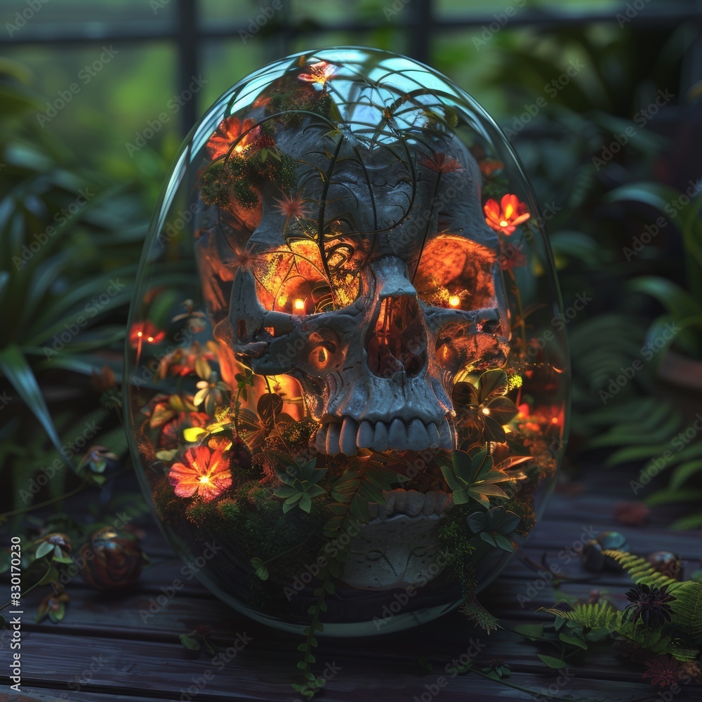 Floral Skull Terrarium with Exotic Plants
