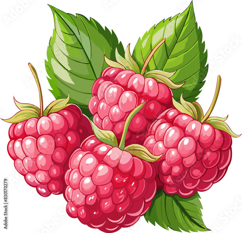 Bunch of Raspberries with Green Leaves, isolated on transparent background.