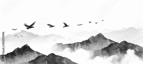 Black and white ink painting, several birds flying in the sky, in the style of Chinese artists, simple background. photo