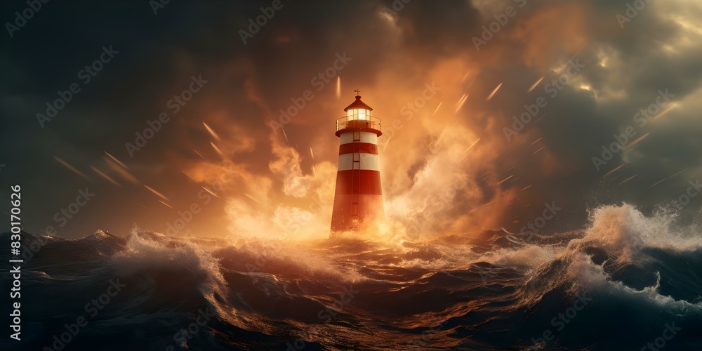 Lighthouse uses emergency flares to signal distress during maritime crises. Concept Maritime Safety, Lighthouse Communication, Emergency Flares, Navigational Aid, Crisis Signalling