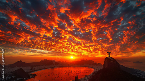 iconic image of Christ Redeemer statue silhouetted against fiery sunset sky casting dramatic shadow over city of Rio de Janeiro Brazil statue s imposing presence atop Corcovado Mountain symbolizes fai