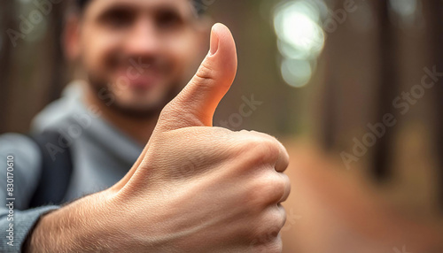 Close-up of a man’s thumb giving a thumbs-up gesture. the person are blurred, focused thumb in an outdoor, natural setting, positive feedback and engagement