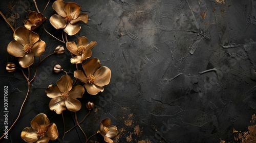 Beautiful golden voluminous flowers, stucco molding on a dark plaster wall. photo