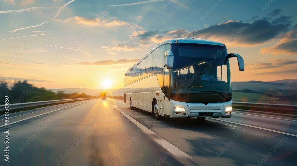 Fototapeta premium A white tourist bus drives on a highway at sunset.