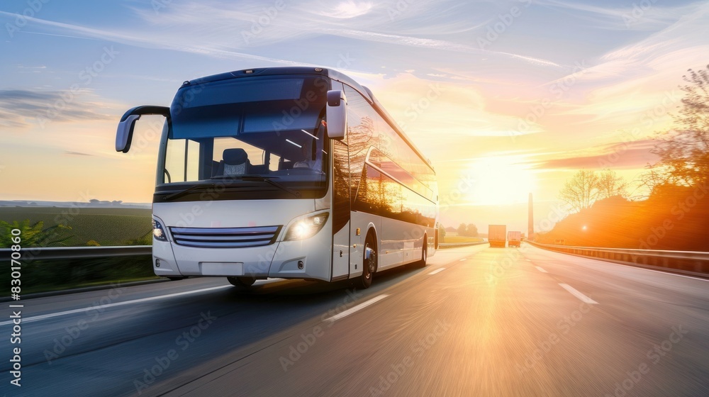 A white tourist bus drives on a highway at sunset.

