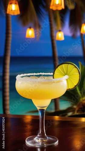 Margarita cocktail with lime in tall footed glass in Hawaiian, tropical summer restaurant or bar at night overlooking a beautiful sunset of palm trees and sea and glowing garlands and lanterns