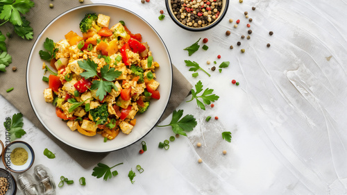 Plate of colorful stir-fried tofu and vegetables garnished with parsley on a white surface. photo