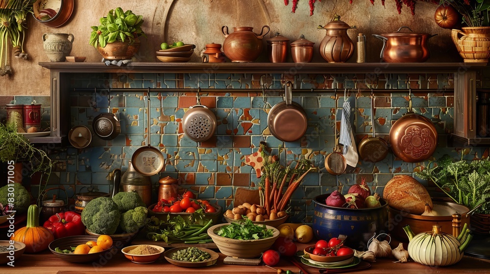 Global Flavors: A kitchen filled with ingredients and cooking utensils from around the world, celebrating diverse culinary traditions and flavors. 