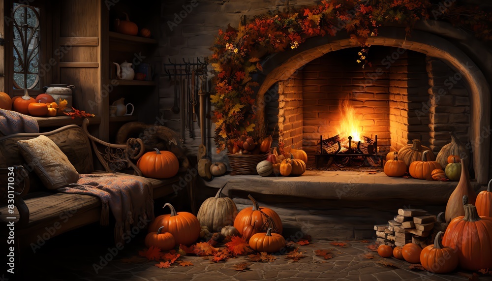 Obraz premium Cozy autumn scene with a fireplace decorated for fall, featuring pumpkins, a wooden bench with blankets, and a warm glowing fire.