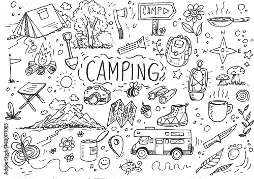 Camping doodles, hand drawn vector elements