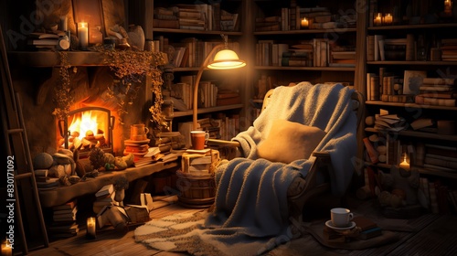 Cozy reading corner with armchair by fireplace, surrounded by bookshelves filled with books. Perfect for a relaxing evening indoors. photo