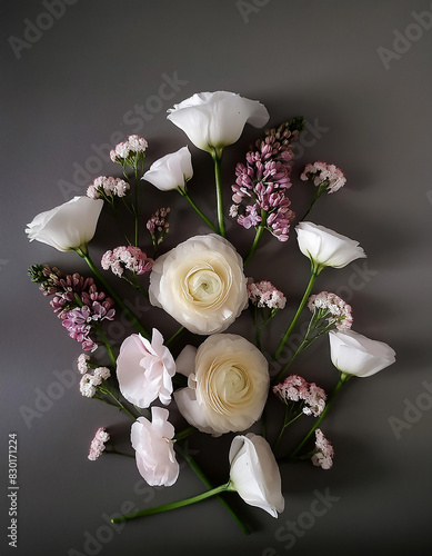 Layout creativo composto da vari fiori. Utilizzare una disposizione "flat lay" con un bouquet dai colori delicati.