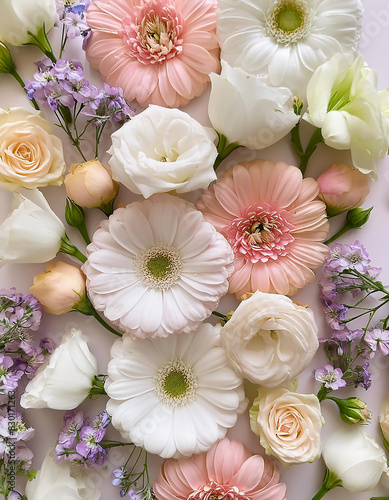 Layout creativo composto da vari fiori. Utilizzare una disposizione "flat lay" con un bouquet dai colori delicati.