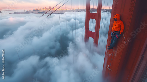 iconic image of Golden Gate Bridge stretching gracefully across San Francisco Bay framed city's iconic skyline rolling fog bridge's bold redorange hue elegant suspension design symbolize engineering i photo