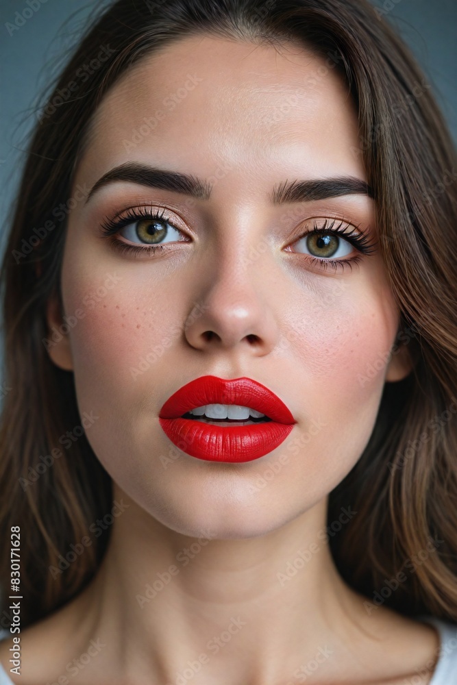 Detailed image of a woman's face highlighting her brown eyes, full red lips, and flawless skin. Detailed image of a woman's face highlighting her brown eyes, full red lips, and flawless skin.