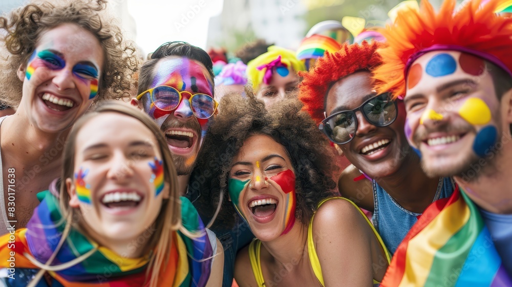 Diverse group of friends celebrating Pride with face paint and costumes, joyful and united. Diverse group of friends celebrating Pride with face paint and costumes, joyful and united.