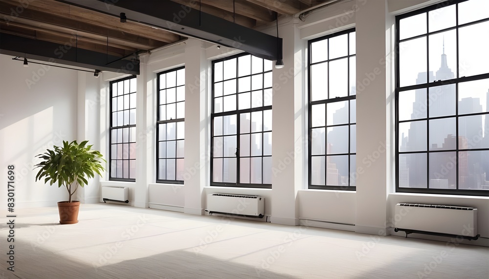 Fototapeta premium An empty loft livingroom penthouse NY,Madrid,London for Augmented reality mockup pattern frame